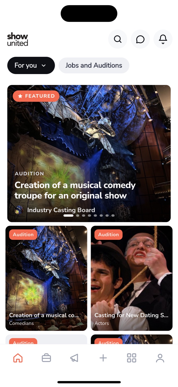 Show United — home feed with live castings