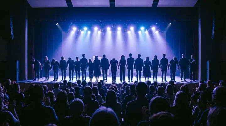 A company takes a curtain call under blue stage light